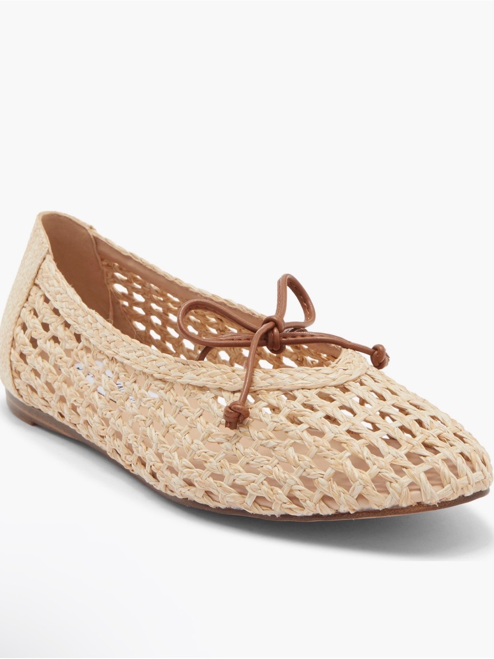 Steve Madden Beige Woven Raffia Ballet Flat with Brown Bow